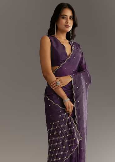 Purple Embroidered Crushed Tissue Saree With Cutdana And Sequins