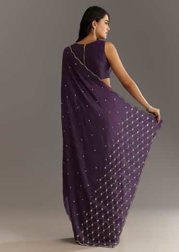 Purple Embroidered Crushed Tissue Saree With Cutdana And Sequins