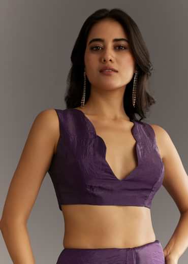 Purple Embroidered Crushed Tissue Saree With Cutdana And Sequins