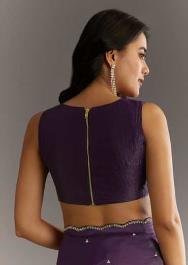 Purple Embroidered Crushed Tissue Saree With Cutdana And Sequins
