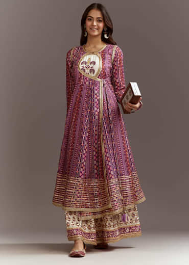 Purple Floral Printed Cotton Angrakha Style Jacket Kurta Set