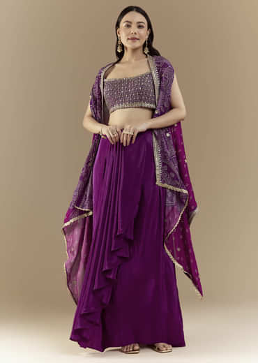 Purple Fusion Crop Top Skirt Set with Bandhani Cape