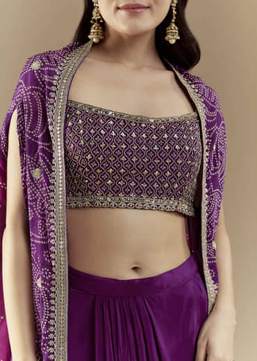 Purple Fusion Crop Top Skirt Set with Bandhani Cape