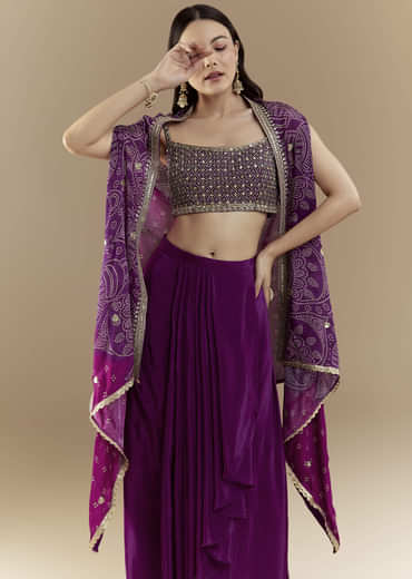 Purple Fusion Crop Top Skirt Set with Bandhani Cape