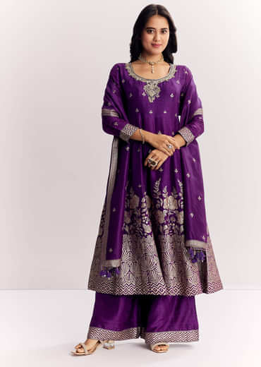 Purple Jacquard Silk Anarkali Dupatta Suit With Traditional Weave