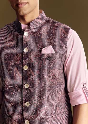 Purple Linen Jacket Kurta Set Featuring Floral Kantha Detailing