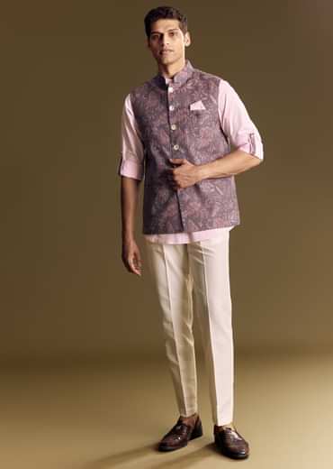 Purple Linen Jacket Kurta Set Featuring Floral Kantha Detailing