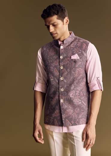 Purple Linen Jacket Kurta Set Featuring Floral Kantha Detailing