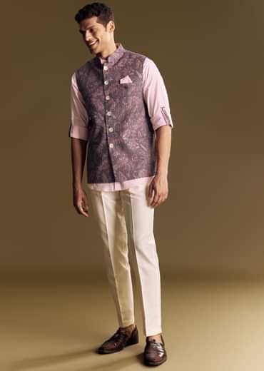 Purple Linen Jacket Kurta Set Featuring Floral Kantha Detailing