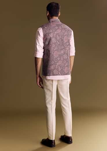 Purple Linen Jacket Kurta Set Featuring Floral Kantha Detailing