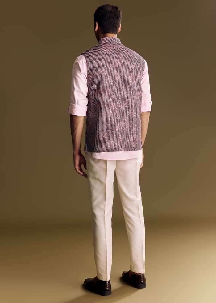 Purple Linen Jacket And Shirt Featuring Floral Kantha Detailing