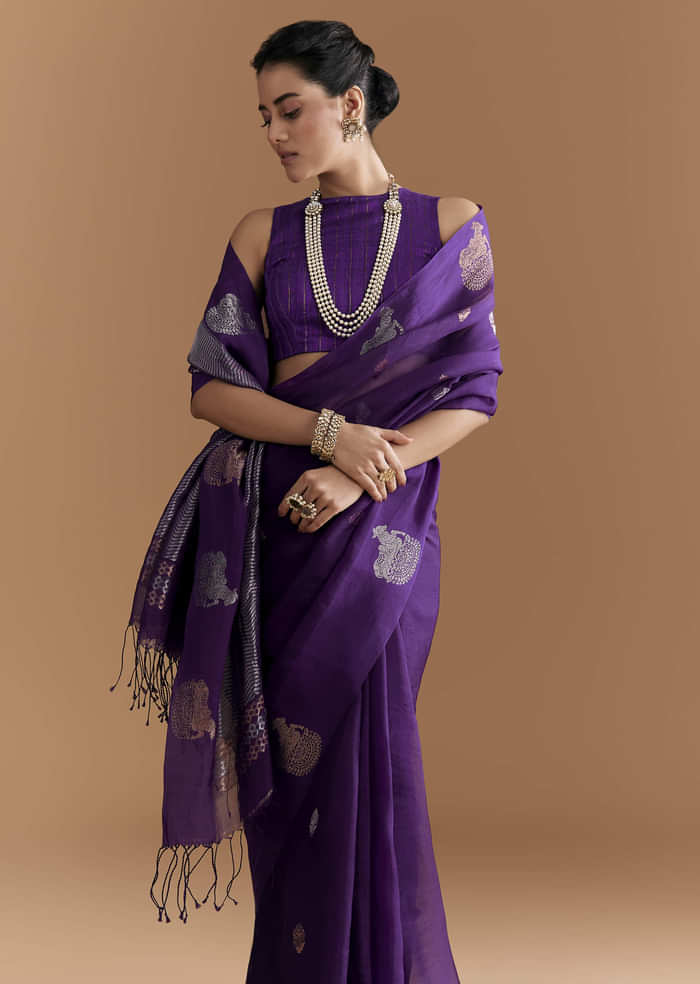Purple Linen Woven Saree With Brocade And Zari Work