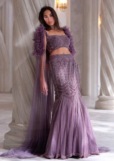 Purple Net Bridal Lehenga With Cutdana And Beads Embroidery