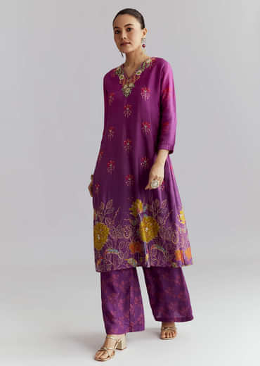 Purple Ombre Crepe Palazzo Suit With Floral Print
