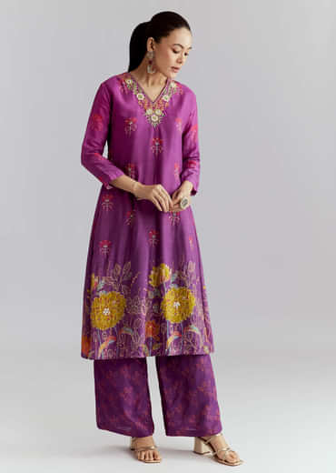 Purple Ombre Crepe Palazzo Suit With Floral Print