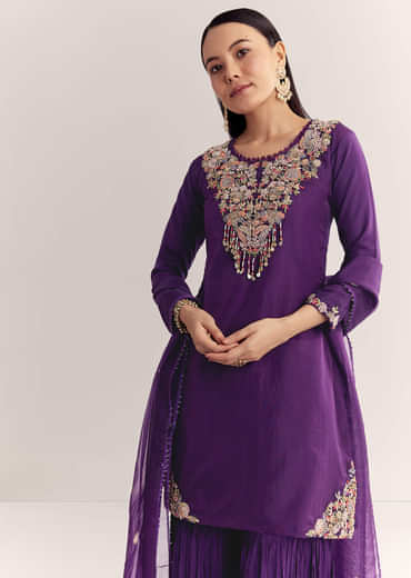 Purple Organza Embroidered Kurta Set With Dupatta