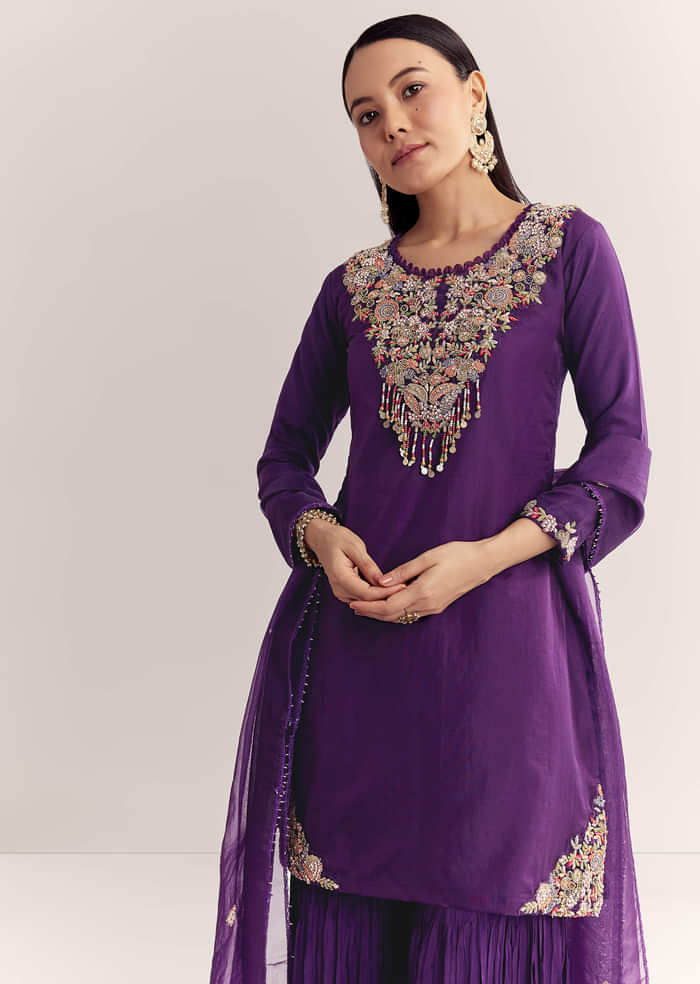 Purple Organza Embroidered Kurta Set With Dupatta