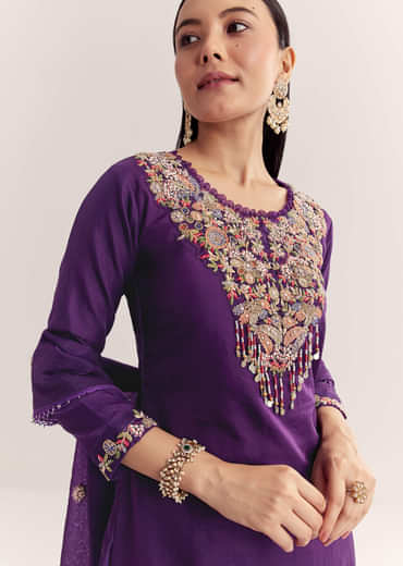 Purple Organza Embroidered Kurta Set With Dupatta