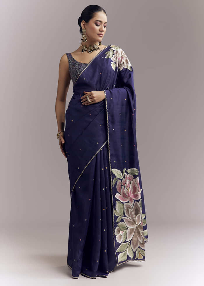 Purple Organza Silk Saree With Floral Embroidery And Cutwork