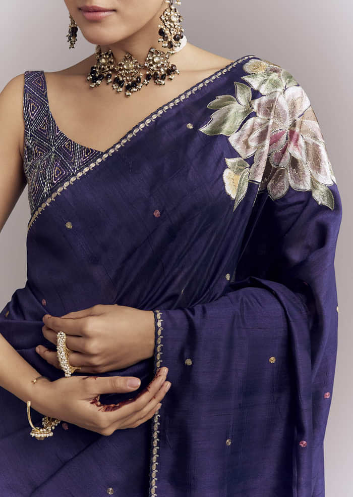 Purple Organza Silk Saree With Floral Embroidery And Cutwork
