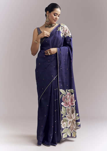 Purple Organza Silk Saree With Floral Embroidery And Cutwork Purple Organza Silk Saree With Floral Embroidery And Cutwork