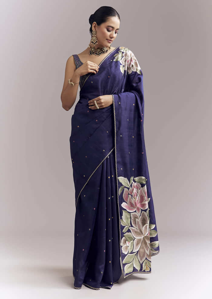 Purple Organza Silk Saree With Floral Embroidery And Cutwork