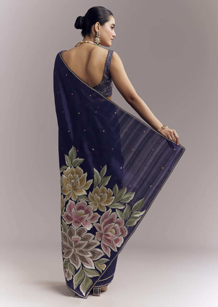 Purple Organza Silk Saree With Floral Embroidery And Cutwork