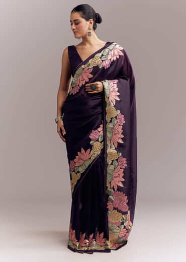 Purple Organza Silk Saree With Floral Resham Embroidery And Cutwork Purple Organza Silk Saree With Floral Resham Embroidery And Cutwork