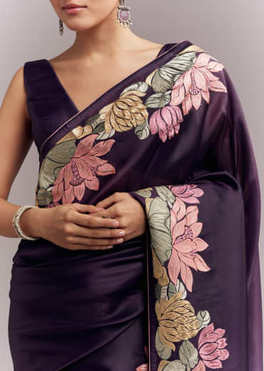 Purple Organza Silk Saree With Floral Resham Embroidery And Cutwork Purple Organza Silk Saree With Floral Resham Embroidery And Cutwork