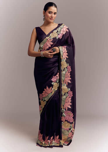 Purple Organza Silk Saree With Floral Resham Embroidery And Cutwork Purple Organza Silk Saree With Floral Resham Embroidery And Cutwork