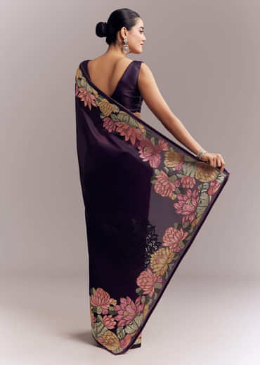Purple Organza Silk Saree With Floral Resham Embroidery And Cutwork Purple Organza Silk Saree With Floral Resham Embroidery And Cutwork