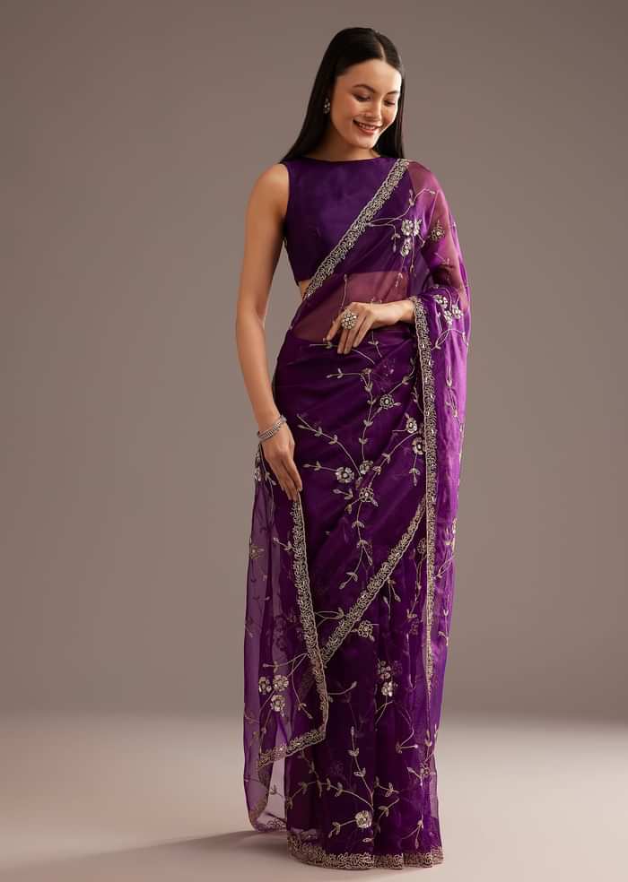 Purple Organza Tissue Saree With Sequins And Cutdana Jaal