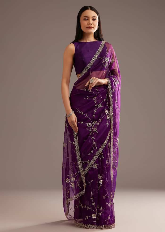 Purple Organza Tissue Saree With Sequins And Cutdana Jaal