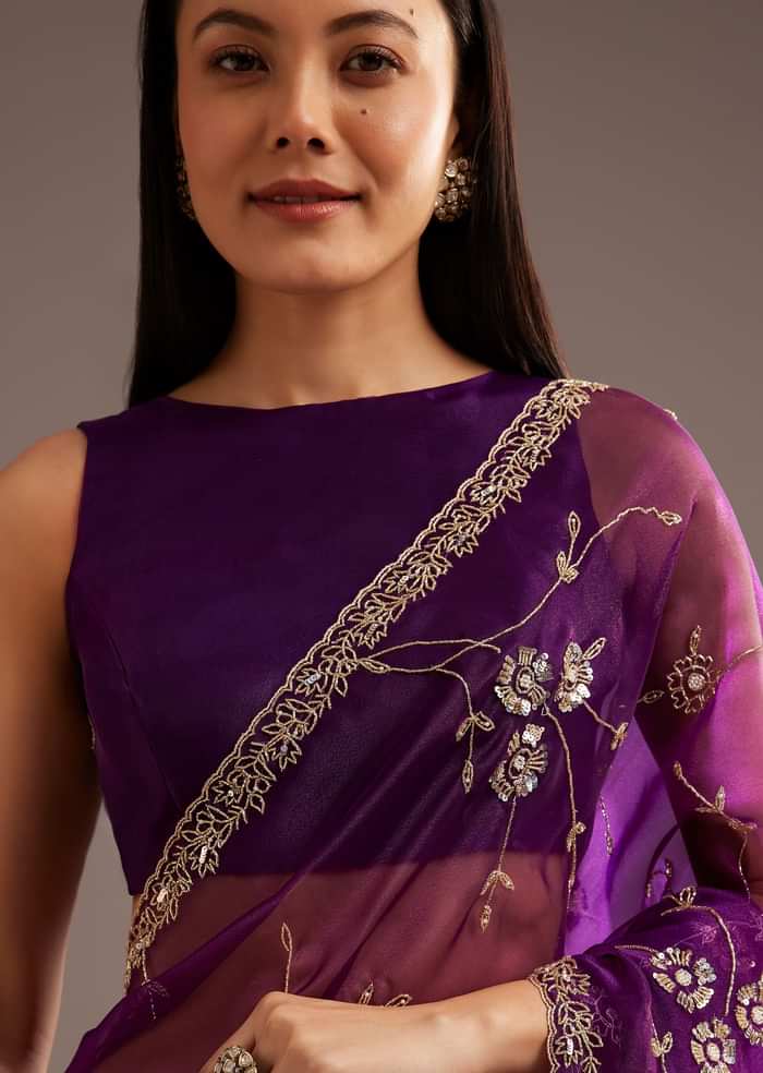 Purple Organza Tissue Saree With Sequins And Cutdana Jaal