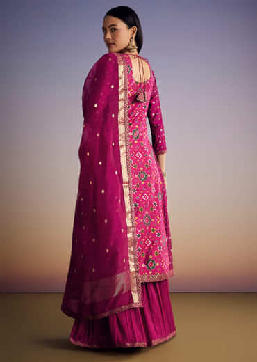 Purple Patola And Bandhani Print Kurta Set With Banarasi Dupatta