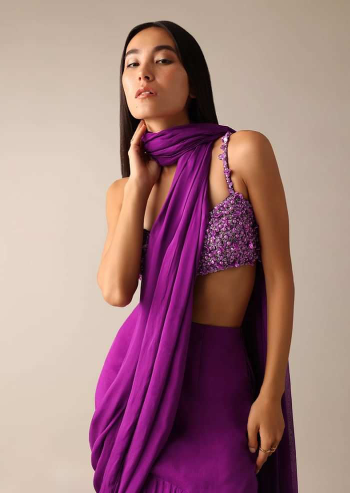 Purple Pre-Draped Layered Frill Saree with Embroidered Blouse - DEME X KALKI