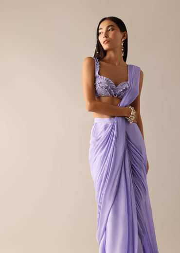 Purple Pre Pleated Saree with Pearl Embroidered Blouse