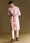 Purple Printed Linen Kurta Set With Mandarin Collar
