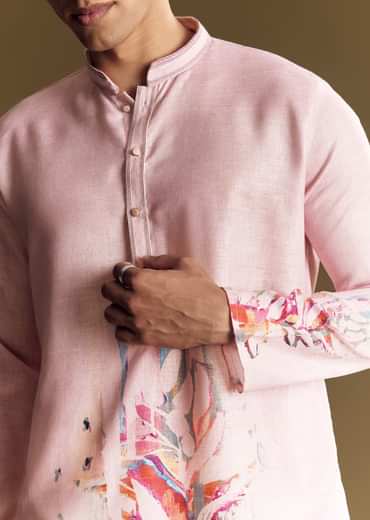 Purple Printed Linen Kurta Set With Mandarin Collar