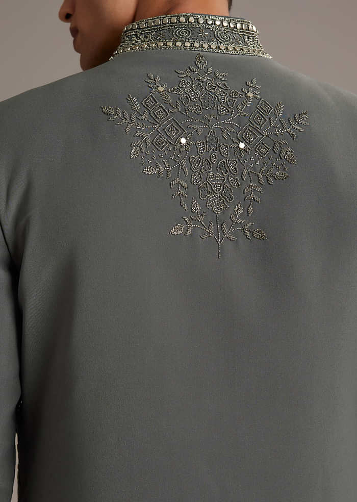Purple Rayon Indo Western Set For Men With Heavy Hand Embroidery