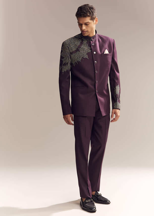 Purple Rayon Jodhpuri Suit For Men With Bead Embroidery