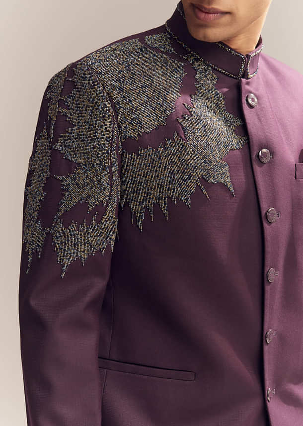 Purple Rayon Jodhpuri Suit For Men With Bead Embroidery