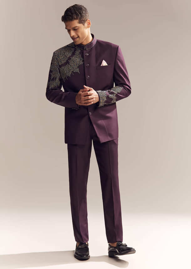 Purple Rayon Jodhpuri Suit For Men With Bead Embroidery