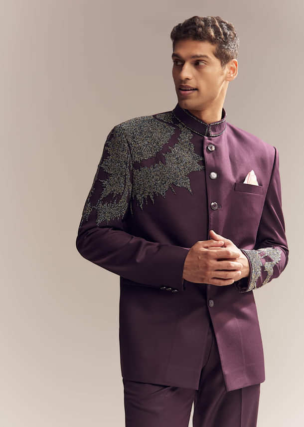 Purple Rayon Jodhpuri Suit For Men With Bead Embroidery