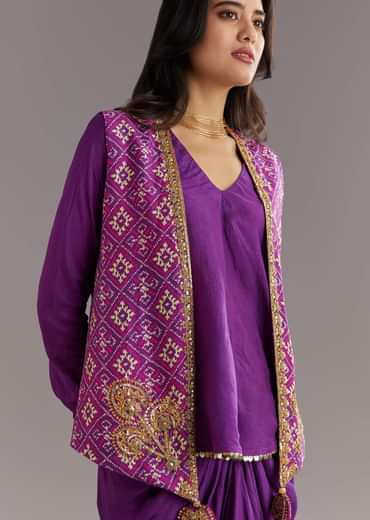 Purple Russian Silk Jacket Set With Zardosi Border and Fancy Pleated Skirt