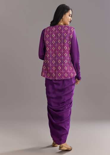 Purple Russian Silk Jacket Set With Zardosi Border and Fancy Pleated Skirt
