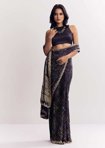 Purple Satin Ajrakh Printed Saree With Gota And Mirror Embroidery