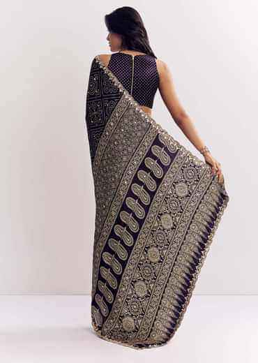 Purple Satin Ajrakh Printed Saree With Gota And Mirror Embroidery