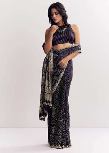 Purple Satin Ajrakh Printed Saree With Gota And Mirror Embroidery