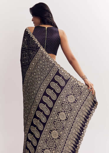 Purple Satin Ajrakh Printed Saree With Gota And Mirror Embroidery